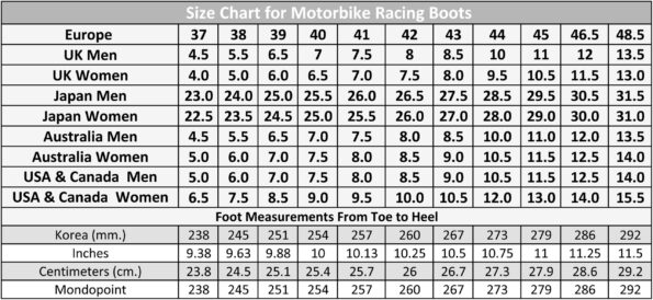 Size-Chart-for-Motorbike-Racing-Boots